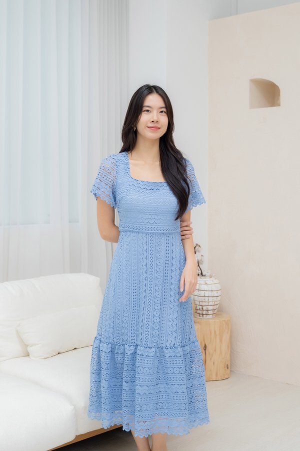 *PREMIUM* Amelie Crochet Sleeve Dress In Blue