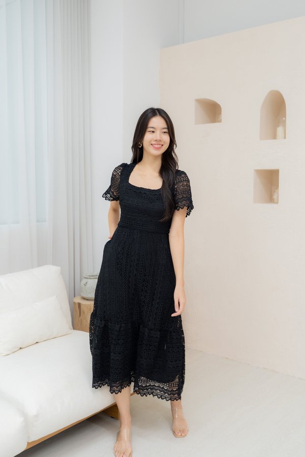*PREMIUM* Amelie Crochet Sleeve Dress In Black