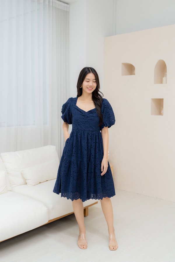 Juliette Eyelet Tier Dress In Navy