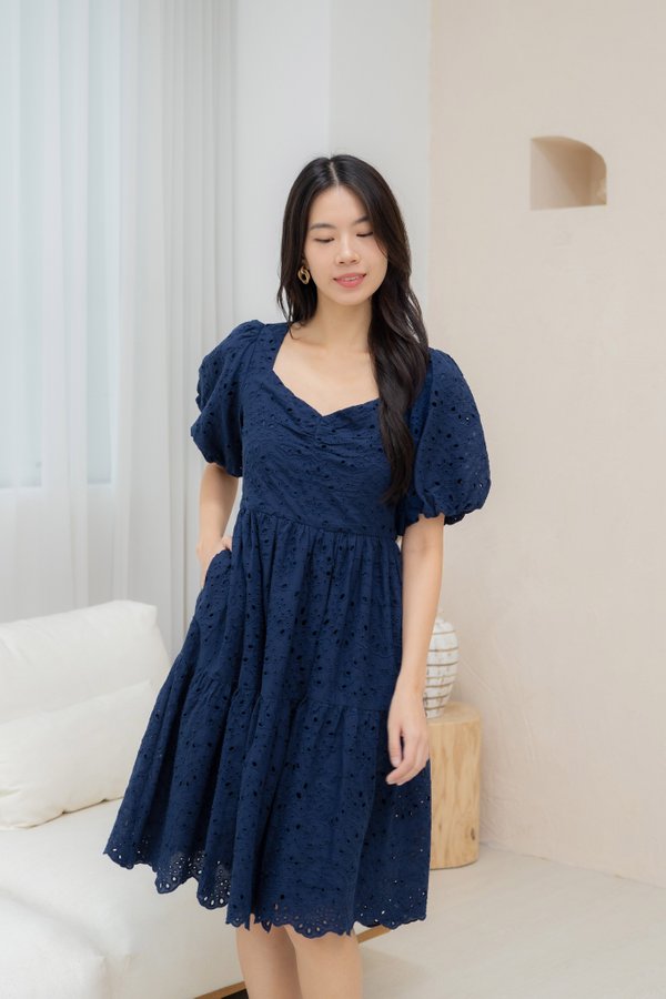 Juliette Eyelet Tier Dress In Navy