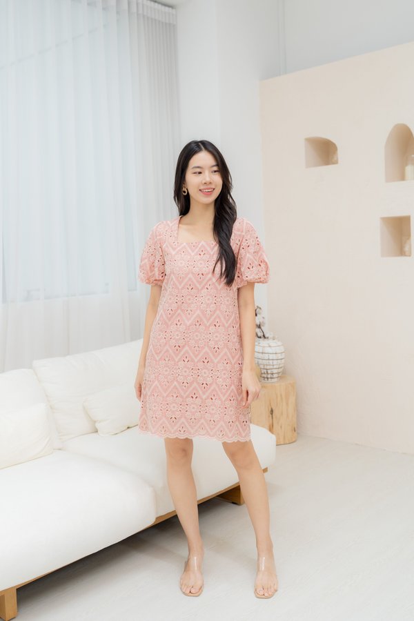 Arabella Embroidery Shift Dress In Dusty Pink