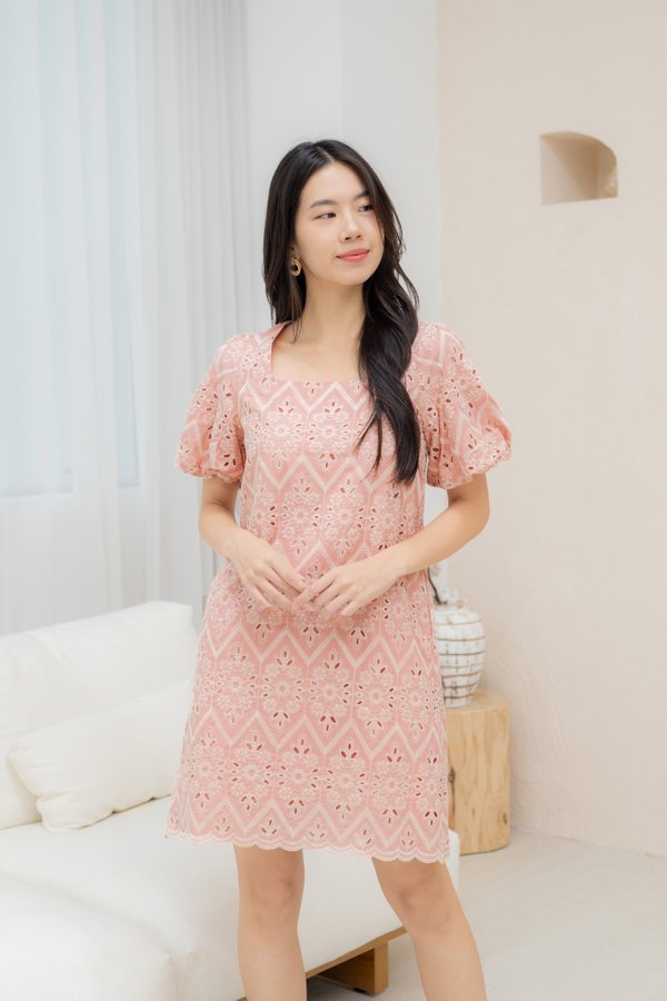 Arabella Embroidery Shift Dress In Dusty Pink