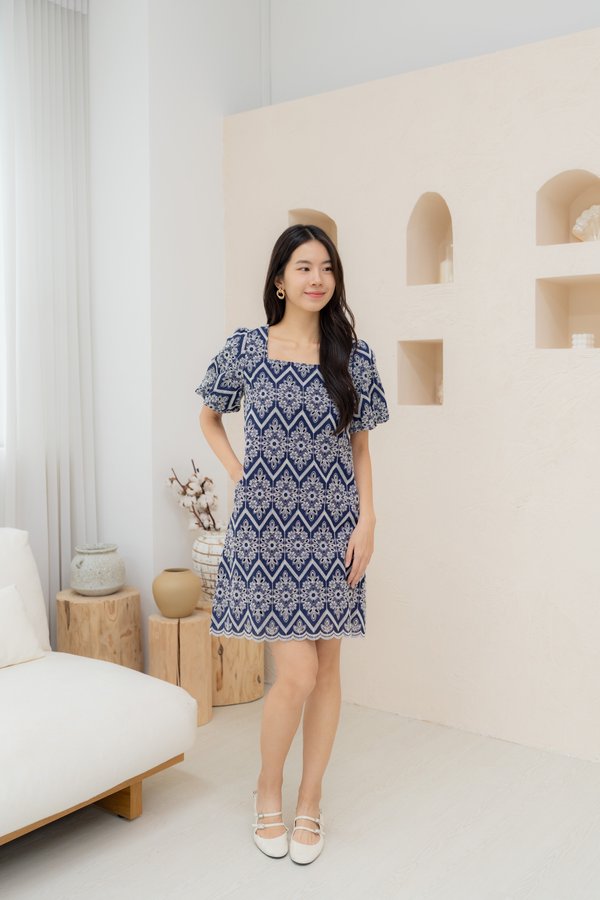 Arabella Embroidery Shift Dress In Navy