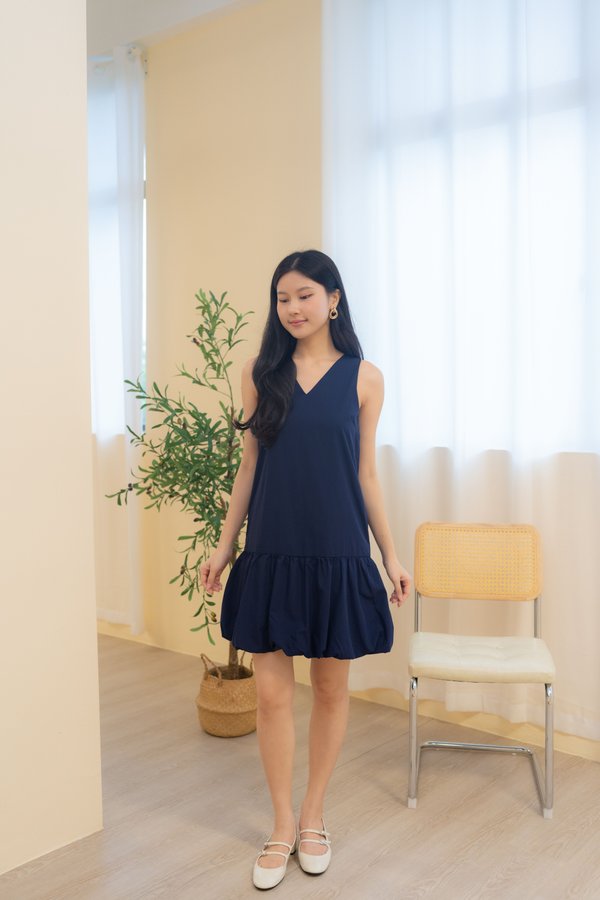 Evanna Balloon Babydoll Dress In Navy
