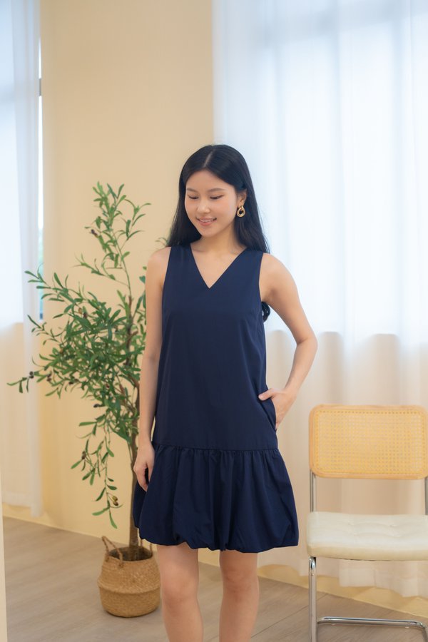 Evanna Balloon Babydoll Dress In Navy