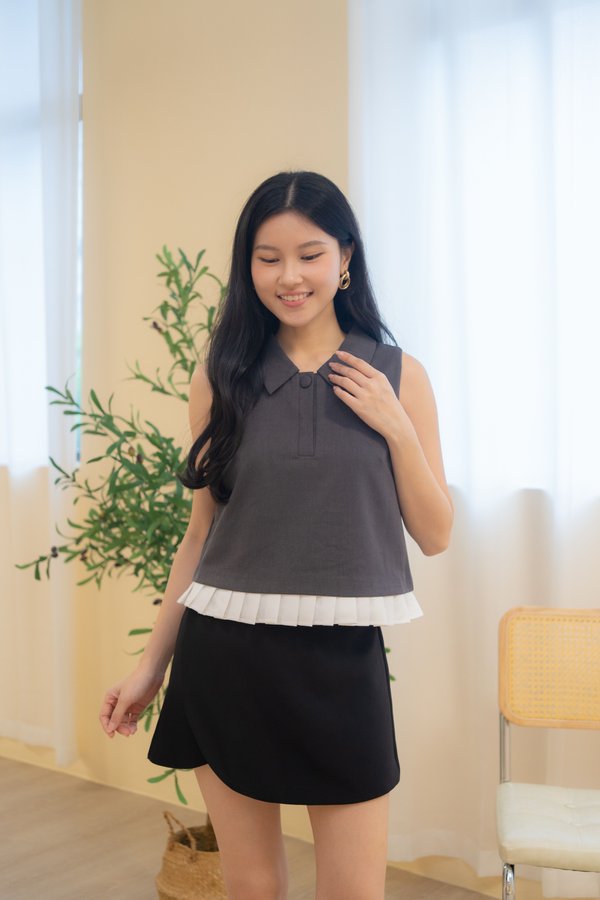 Maison Pleated Collar Top In Grey