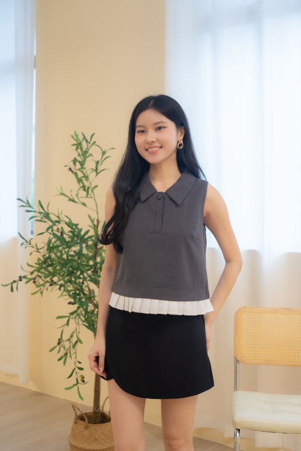 Maison Pleated Collar Top In Grey