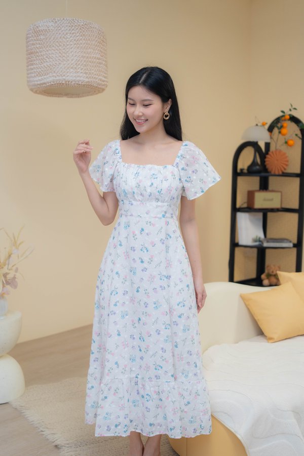 Camellia Embroidery Floral Dress In Lilac Blue