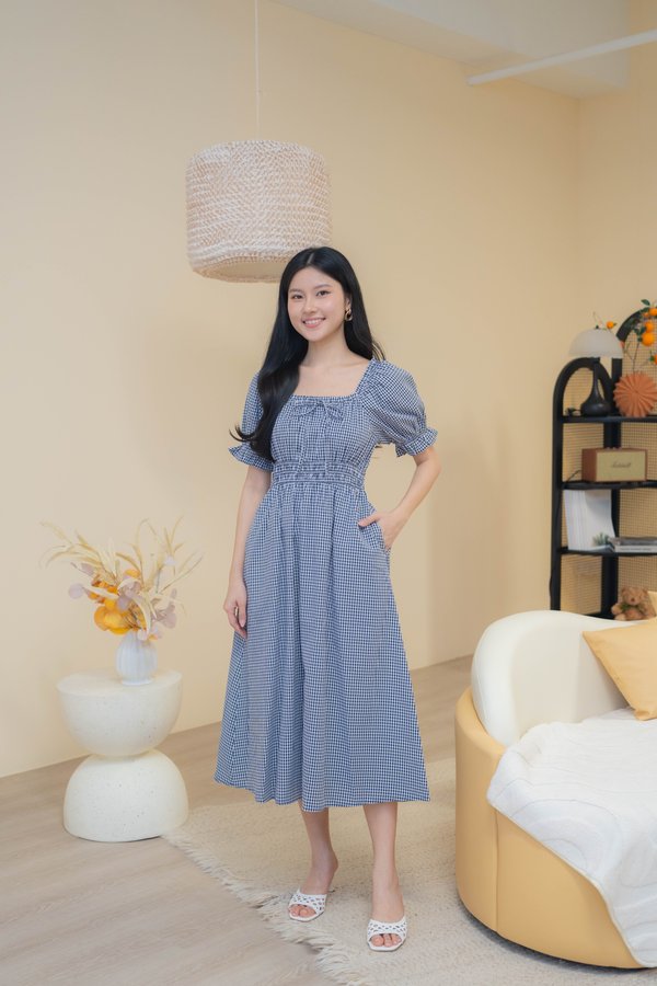 Annie Gingham Sleeve Dress In Navy