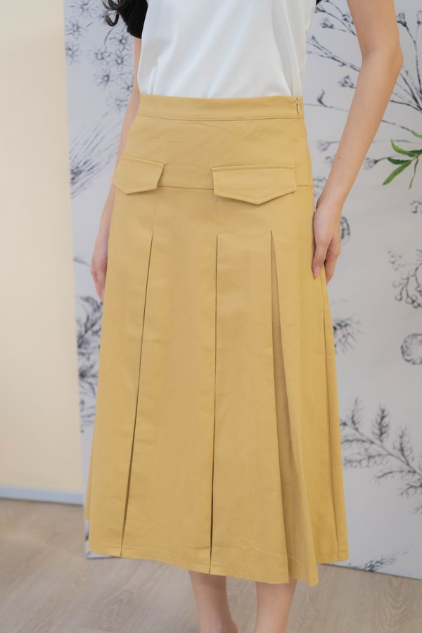 Mirelle Denim Pleated Skirt In Khaki