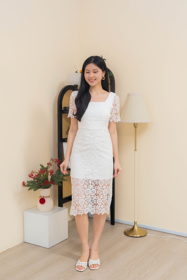 Wisteria Crochet Sleeve Dress In White