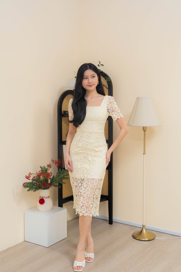 Wisteria Crochet Sleeve Dress In Yellow