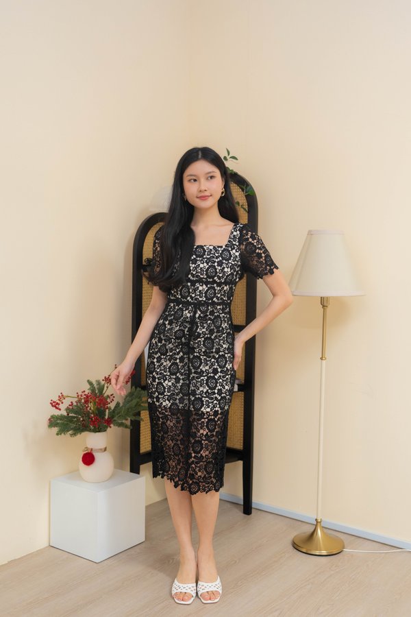 Wisteria Crochet Sleeve Dress In Black