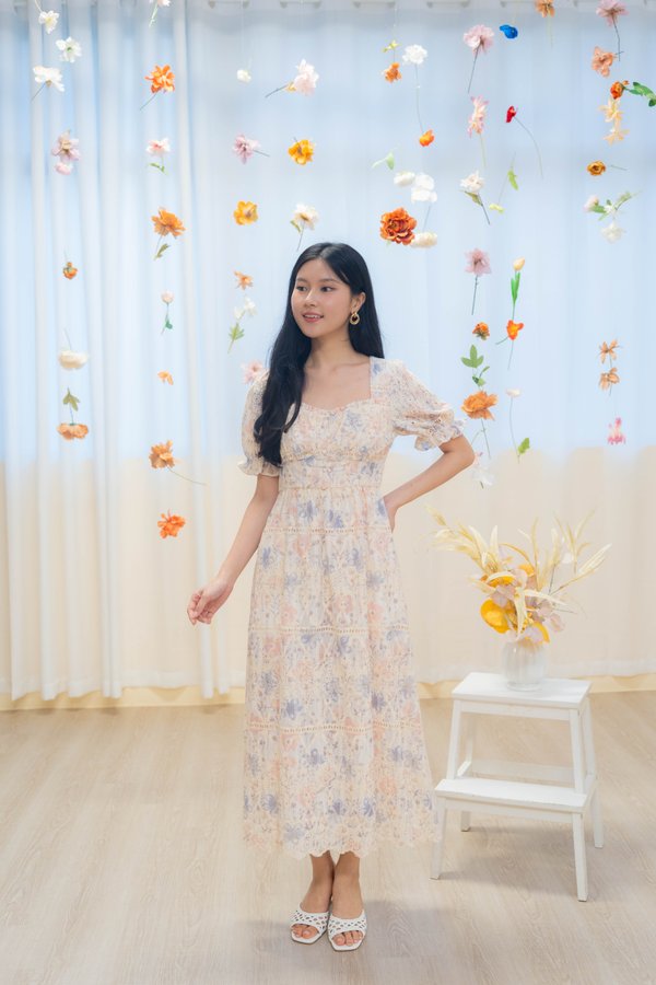 Meadow Floral Eyelet Dress In Pink Purple