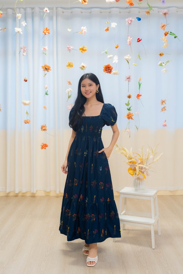 Rainie Embroidery Smocked Dress In Navy