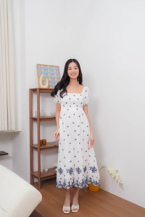 Rose Embroidery Porcelain Dress In Navy