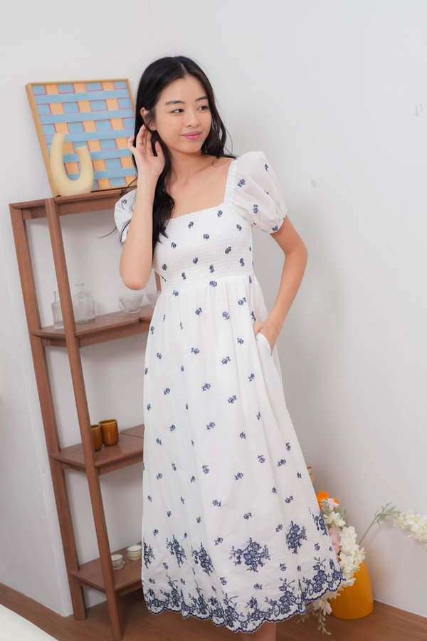 Rose Embroidery Porcelain Dress In Navy