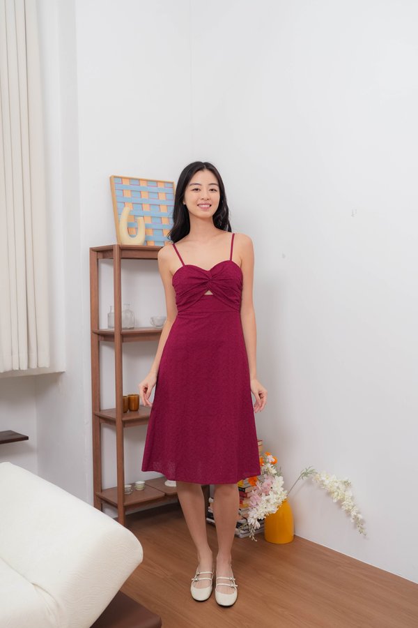 Mariana Straps Eyelet Dress In Wine Red