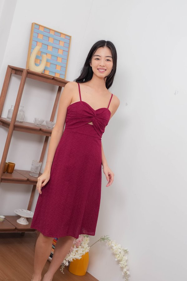 Mariana Straps Eyelet Dress In Wine Red