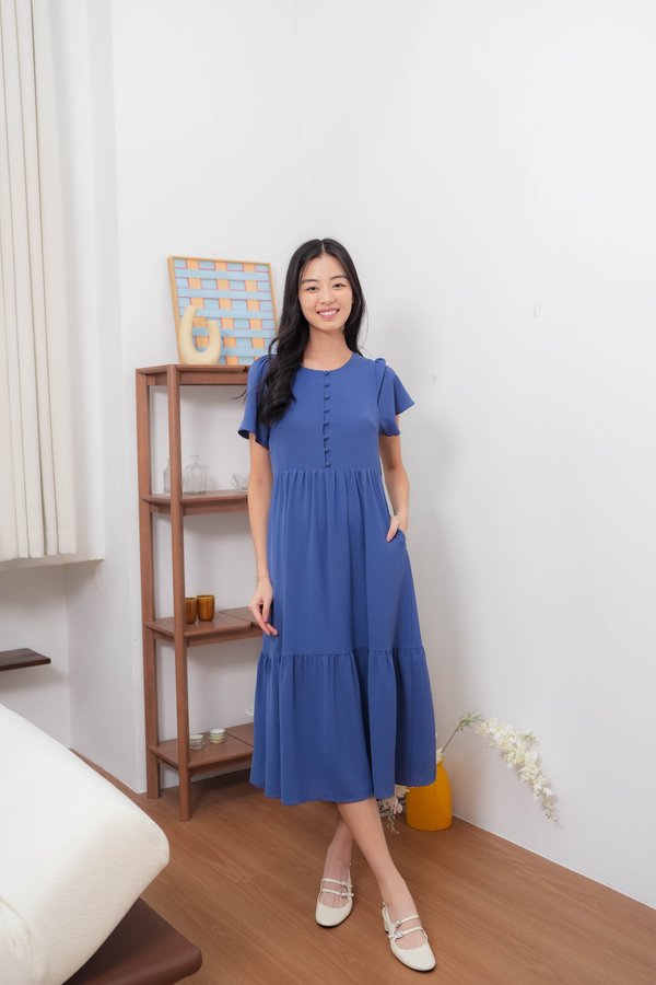 Jovana Buttons Tier Dress In Blue