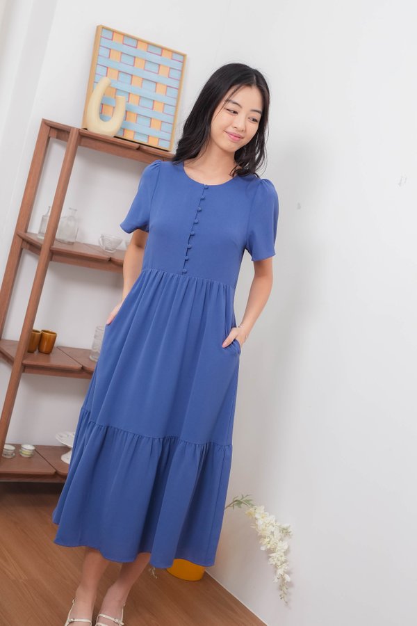 Jovana Buttons Tier Dress In Blue