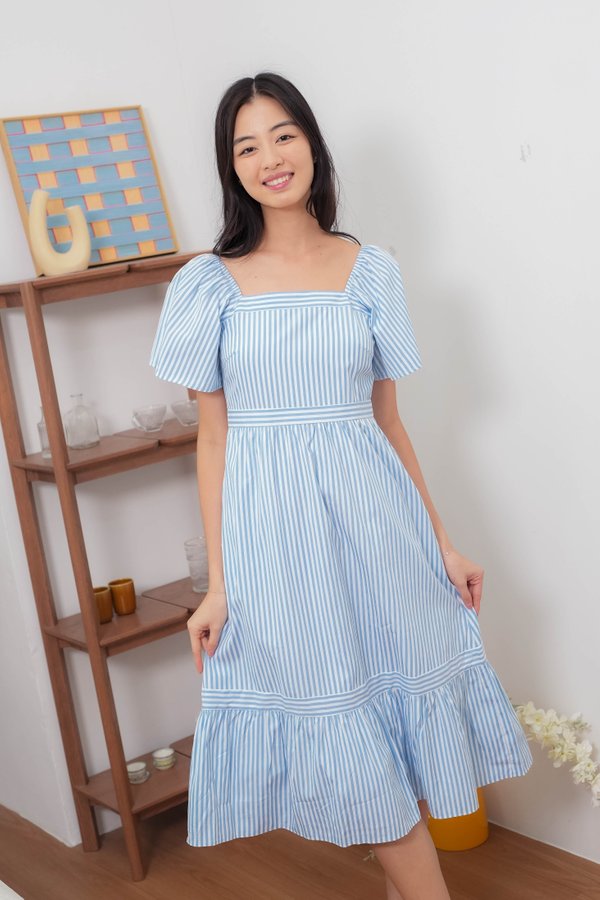 Liana Stripe Flutter Sleeves Dress In Blue