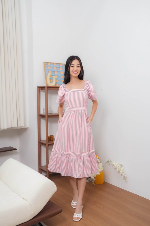 Liana Stripe Flutter Sleeves Dress In Pink
