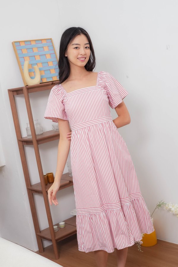 Liana Stripe Flutter Sleeves Dress In Pink
