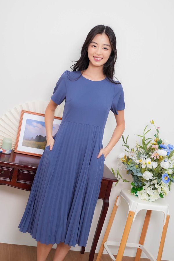Arielle Pleated Sleeve Dress In Blue
