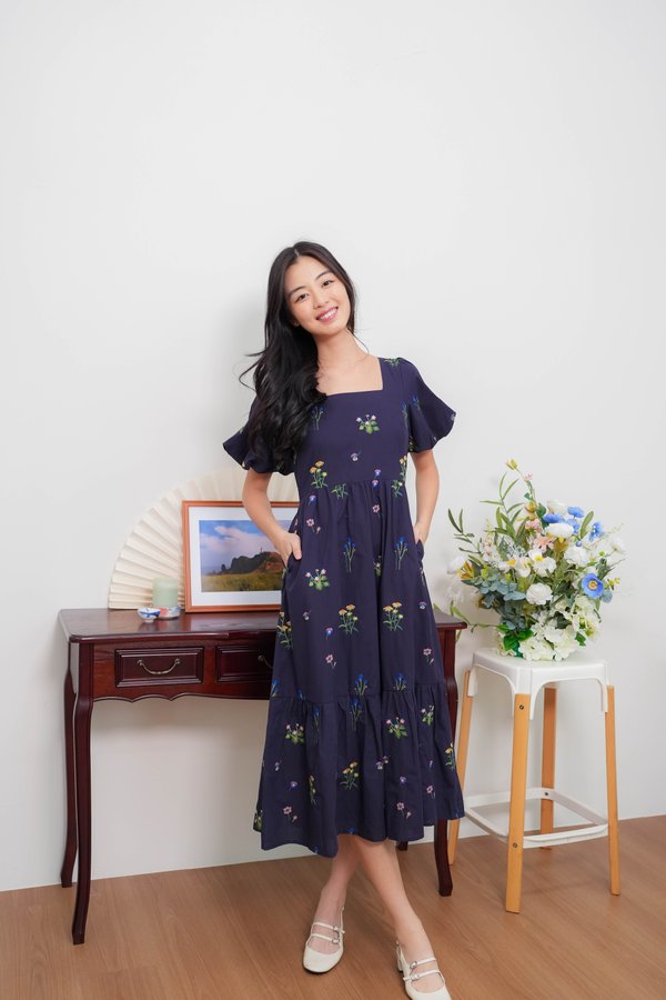 Gracey Flower Embroidery Sleeve Dress In Navy