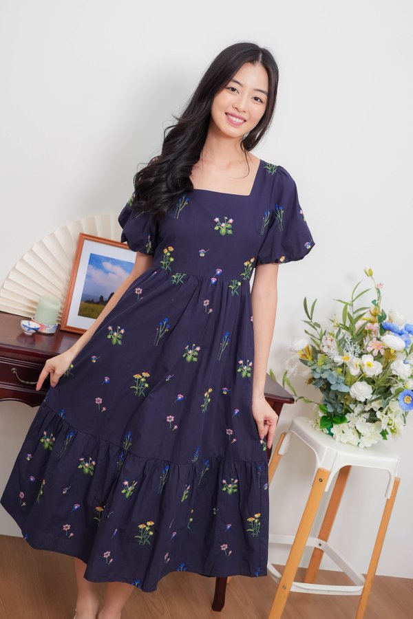 Gracey Flower Embroidery Sleeve Dress In Navy
