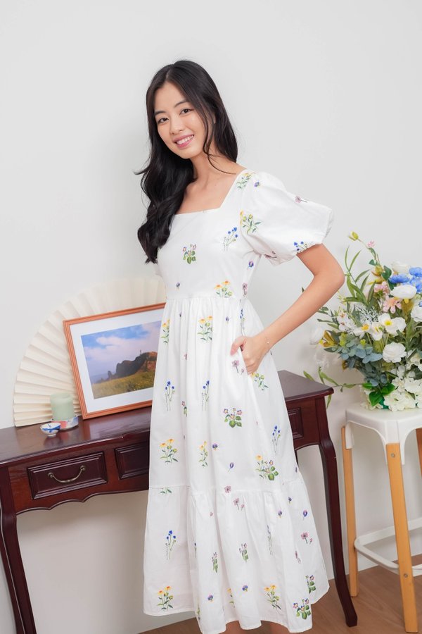 Gracey Flower Embroidery Sleeve Dress In White
