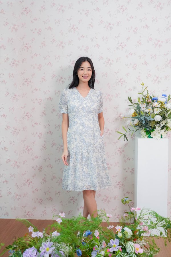 Beatrice Eyelet Buttons Dress In Blue