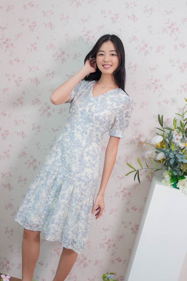 Beatrice Eyelet Buttons Dress In Blue