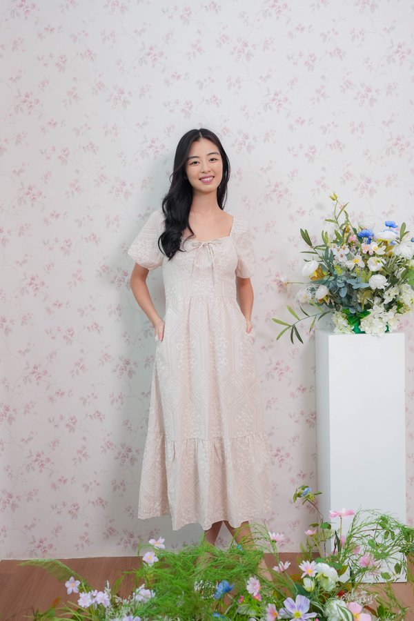 Helena Embroidery Flutter Sleeves Dress In Khaki