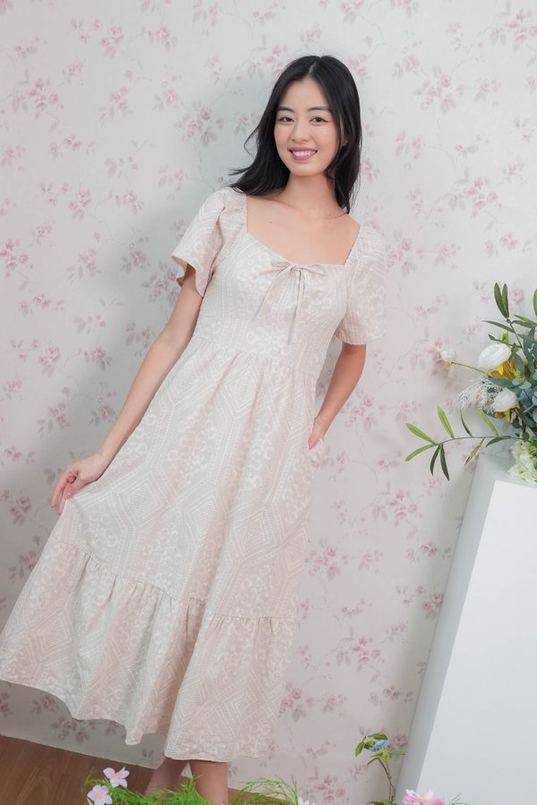 Helena Embroidery Flutter Sleeves Dress In Khaki