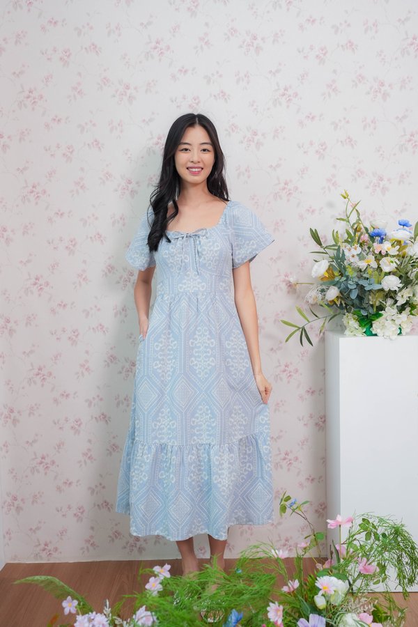 Helena Embroidery Flutter Sleeves Dress In Blue