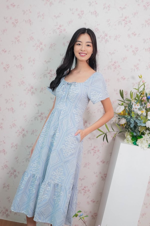 Helena Embroidery Flutter Sleeves Dress In Blue