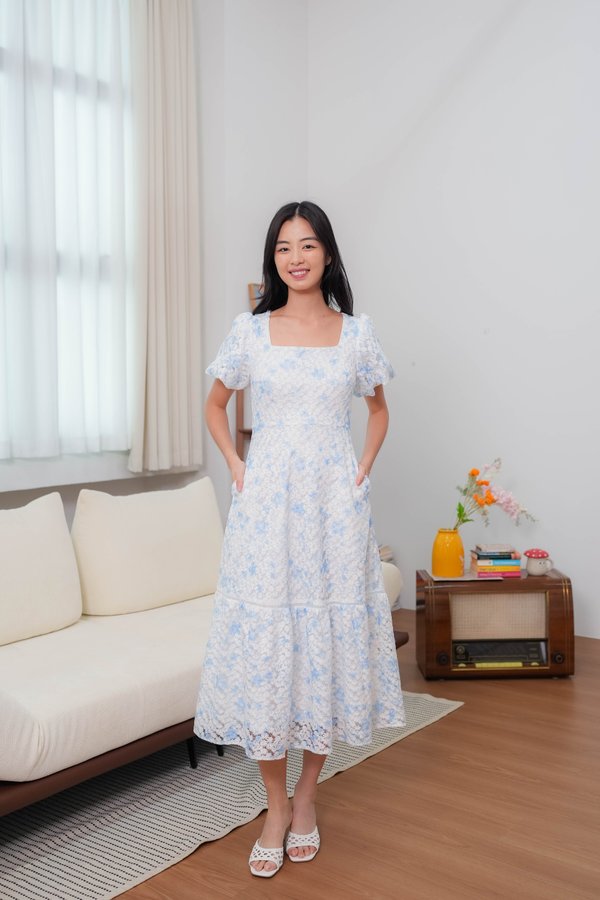 Valentina Floral Lace Sleeve Dress In Blue