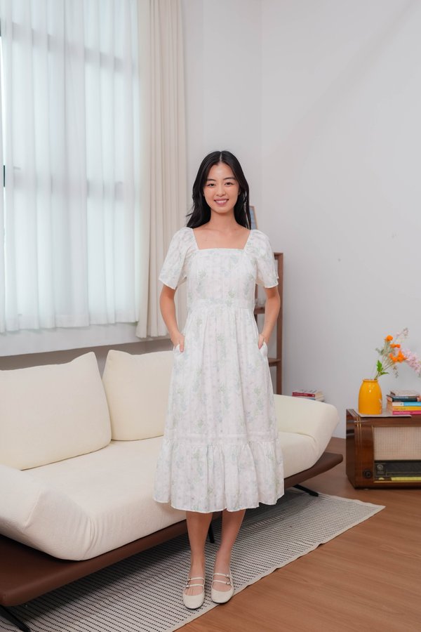 Liliana Flutter Sleeve Floral Dress In Sage Green/Blue