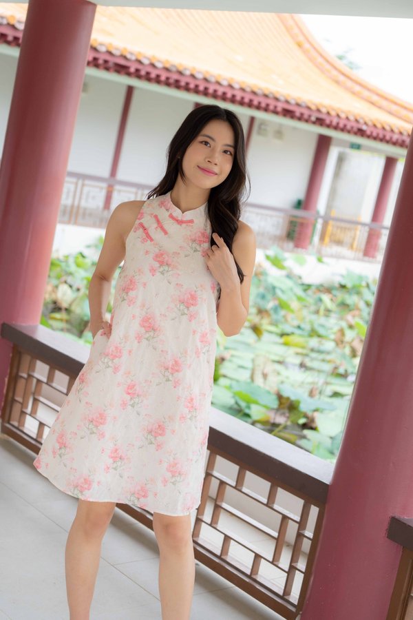 Peony Floral Embroidery Cheongsam In Rose Pink