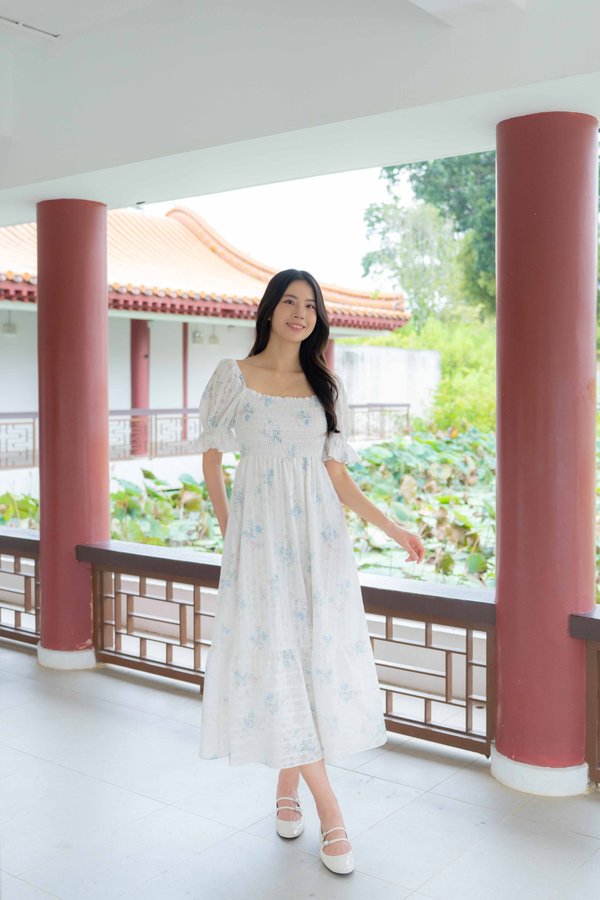 Camille Garden Smocked Dress In Blue Pink