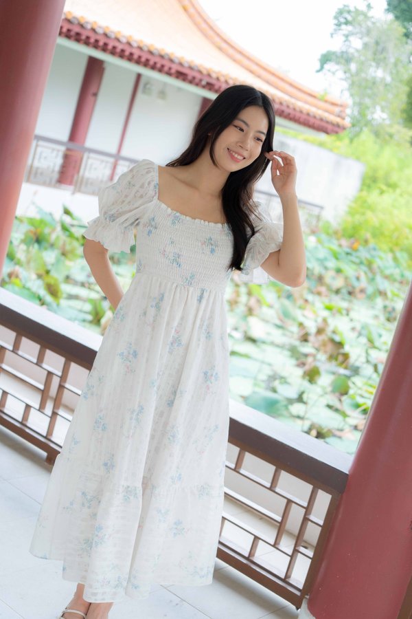 Camille Garden Smocked Dress In Blue Pink