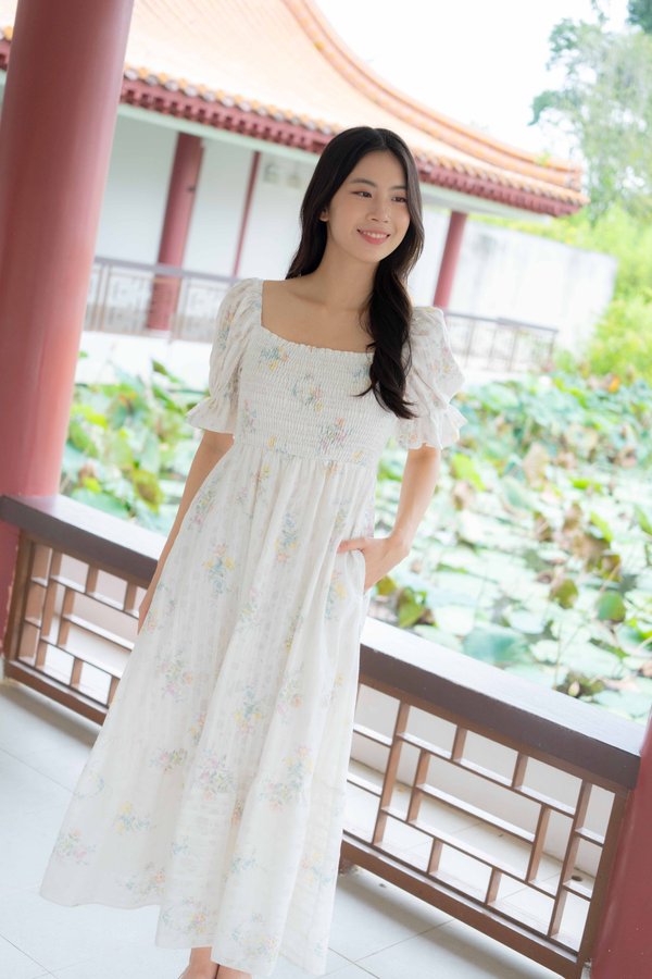 Camille Garden Smocked Dress In Yellow Blue