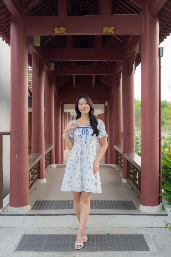 Evangeline Ribbon Flutter Sleeves Dress In Blue