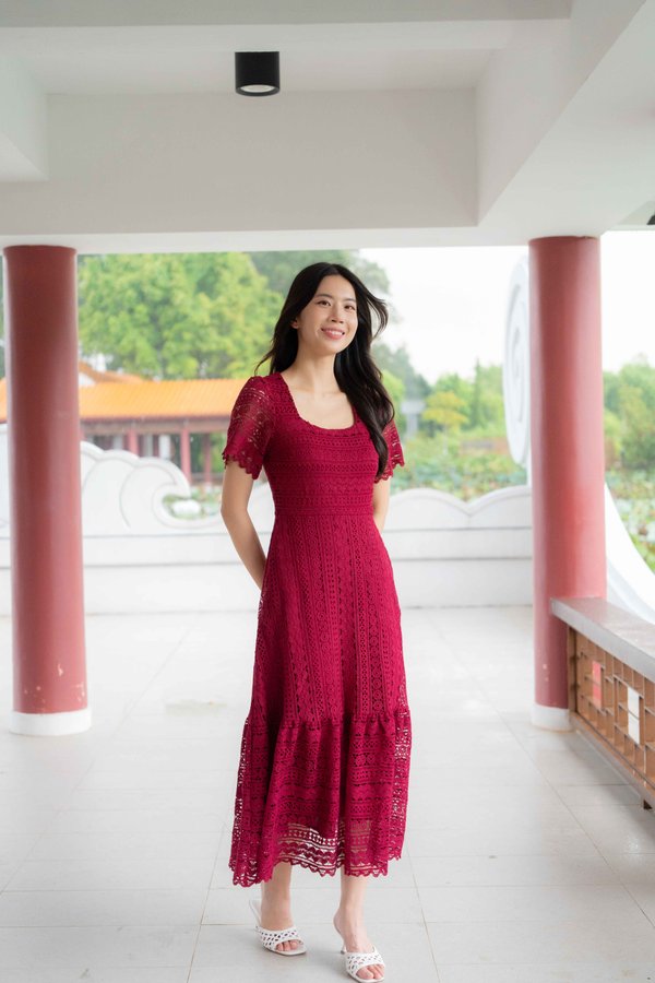*PREMIUM* Amelie Crochet Sleeve Dress In Wine Red