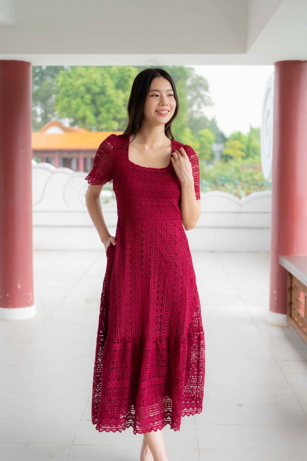 *PREMIUM* Amelie Crochet Sleeve Dress In Wine Red