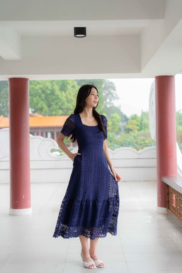 *PREMIUM* Amelie Crochet Sleeve Dress In Navy