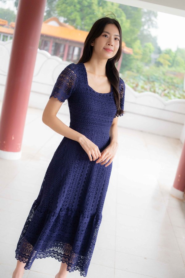 *PREMIUM* Amelie Crochet Sleeve Dress In Navy