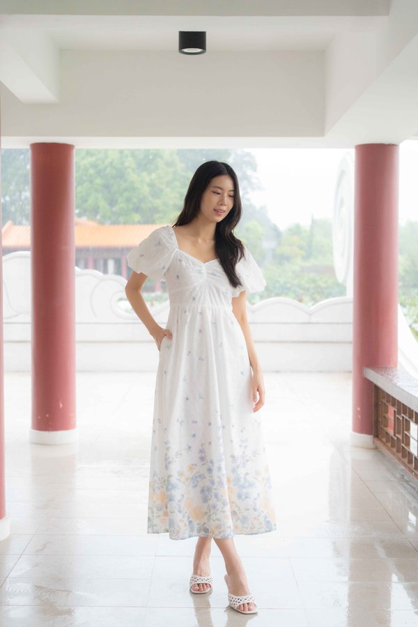 Madeleine Ruched Embroidery Dress In White